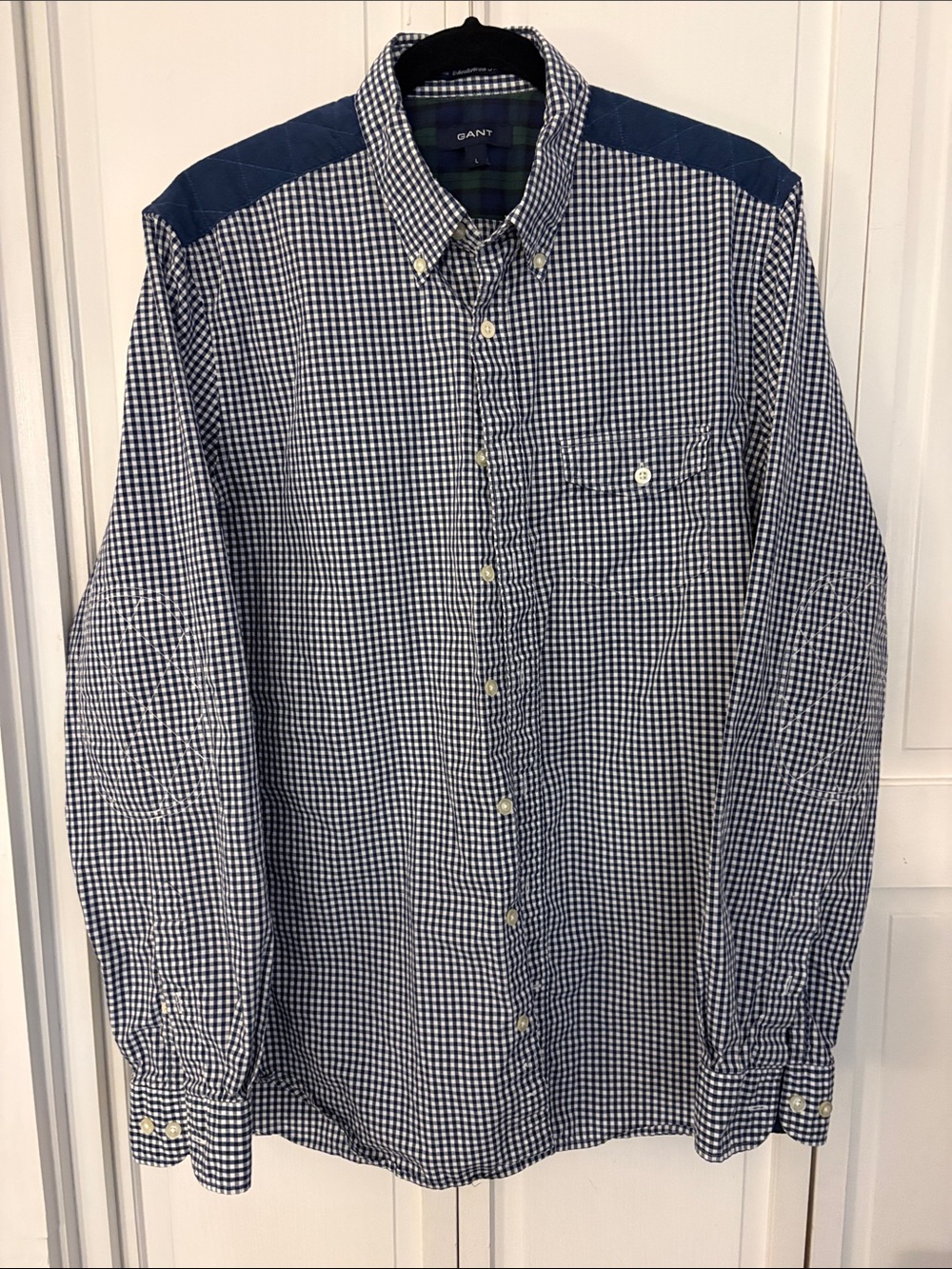 Gant Men's Navy and White Gingham Button-Down Shirt with Navy Shoulder Panels